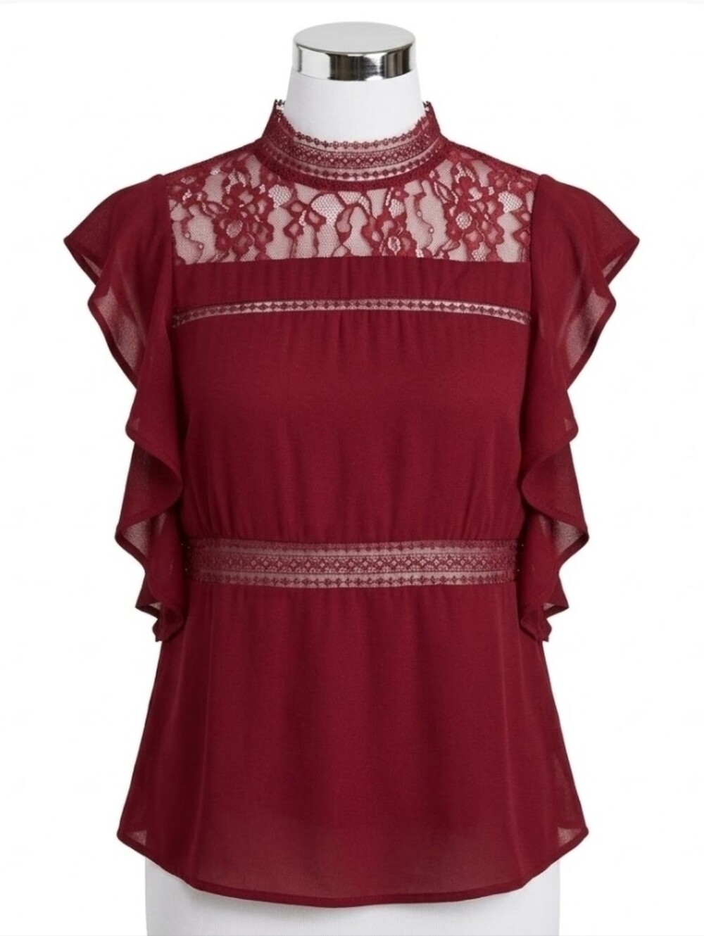 Express Burgundy Lace Yoke Ruffle Sleeve Blouse Size Small